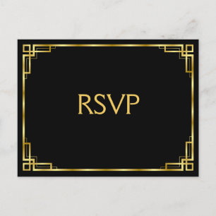 Art Deco Black And Gold RSVP Postcards For Wedding