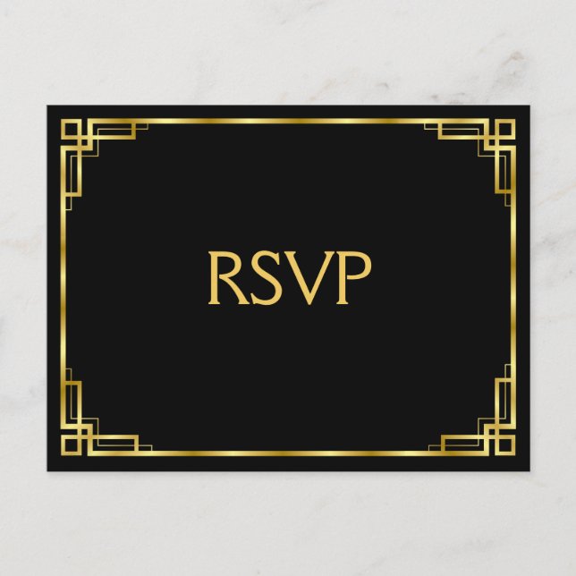Art Deco Black And Gold RSVP Postcards For Wedding (Front)