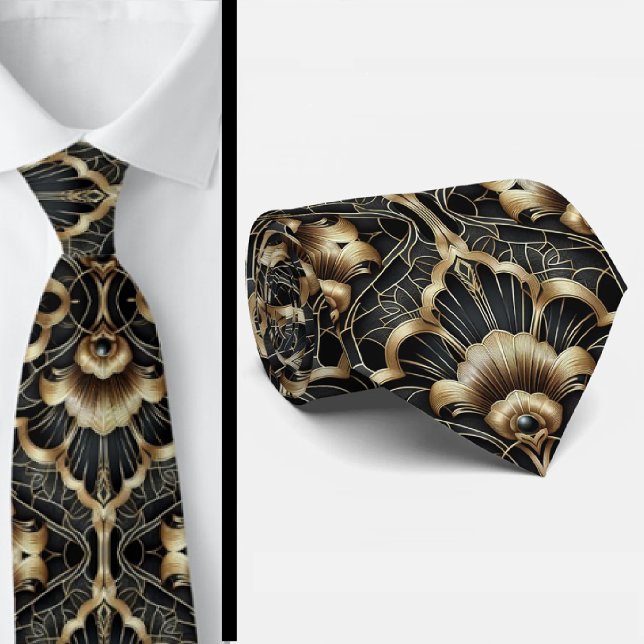 Art Deco Black and Gold Seashell Pattern Neck Tie (Creator Uploaded)