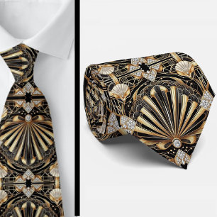 Art Deco Black and Gold Seashell Pattern Neck Tie