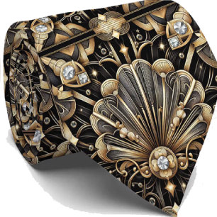 Art Deco Black and Gold Seashell Pattern Neck Tie