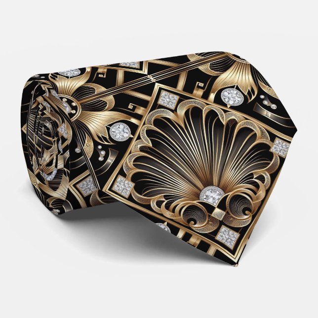Art Deco Black and Gold Seashell Pattern Neck Tie (Rolled)