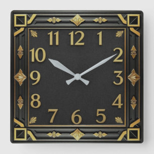 Art Deco Black and gold Square Wall Clock