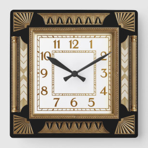 Art Deco Black and Gold Square Wall Clock