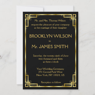 Art Deco Black And Gold Wedding Invitation Card