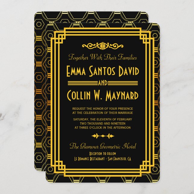 Art Deco Black and Gold Wedding Invitations (Front/Back)
