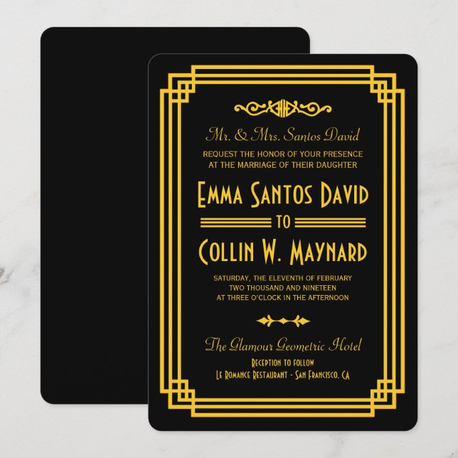 Art Deco Black and Gold Wedding Invites (Front/Back)