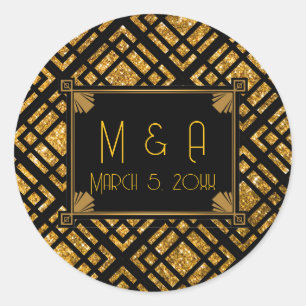 Art Deco Black and Gold Wedding Round Stickers 