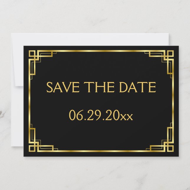 Art Deco Black And Gold Wedding Save The Date Card (Front)