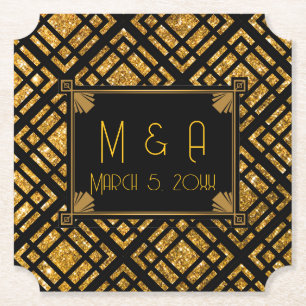 Art Deco Black and Gold Wedding Ticket Coaster