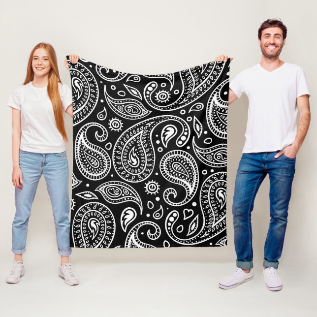 Art Deco Black and White Floral Paisley Pattern Fleece Blanket (In Situ)