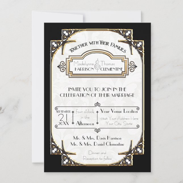 Art Deco Black and White Gold Typography Wedding Invitation (Front)