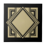 Art Deco Black Beige Gold Chic Geometric Square 05 Tile<br><div class="desc">Elegant black and faux gold beige colour art deco style chic geometric square element ornament decorative ceramic tile. Please note that the gold colour in this design is a flat beige tan colour print and is not an actual gold colour or foil. Sleek chic design, perfect for a modern or...</div>