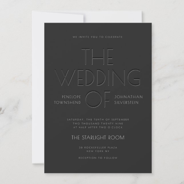 Art Deco Black Faux Embossed Typography Wedding Invitation (Front)