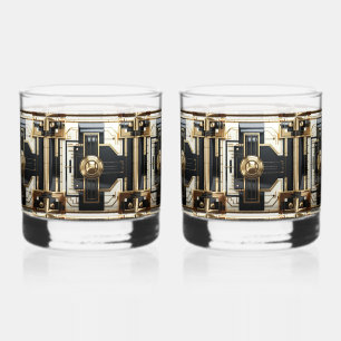 Art Deco Black Gold Beautiful Metallic Geometric Whiskey Glass