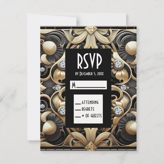 Art Deco Black & Gold Diamond RSVP Cards (Front)