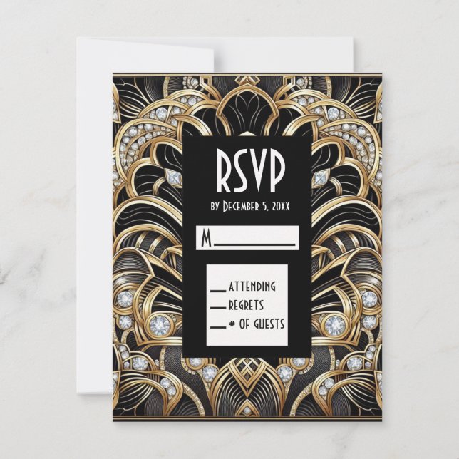 Art Deco Black & Gold Diamond RSVP Cards (Front)