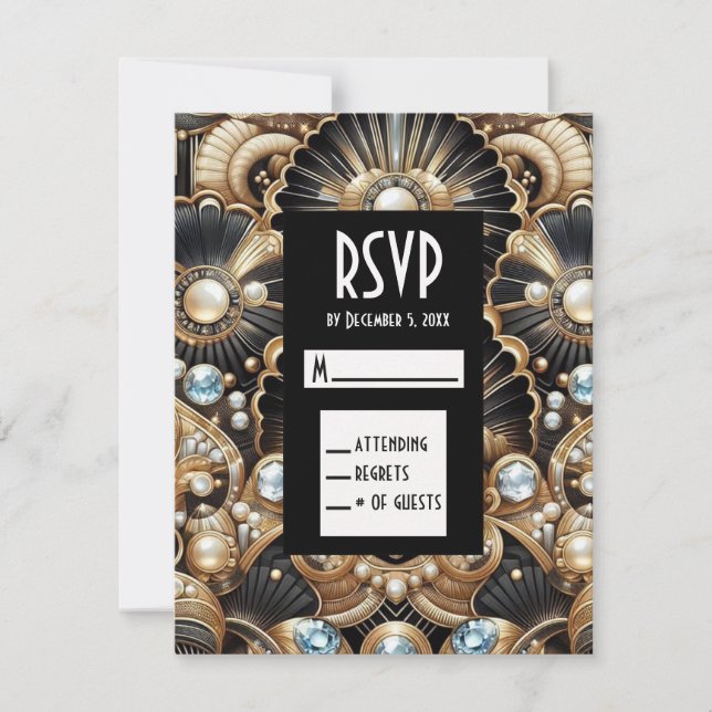 Art Deco Black & Gold Diamond RSVP Cards (Front)