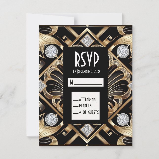 Art Deco Black & Gold Diamond RSVP Cards (Front)