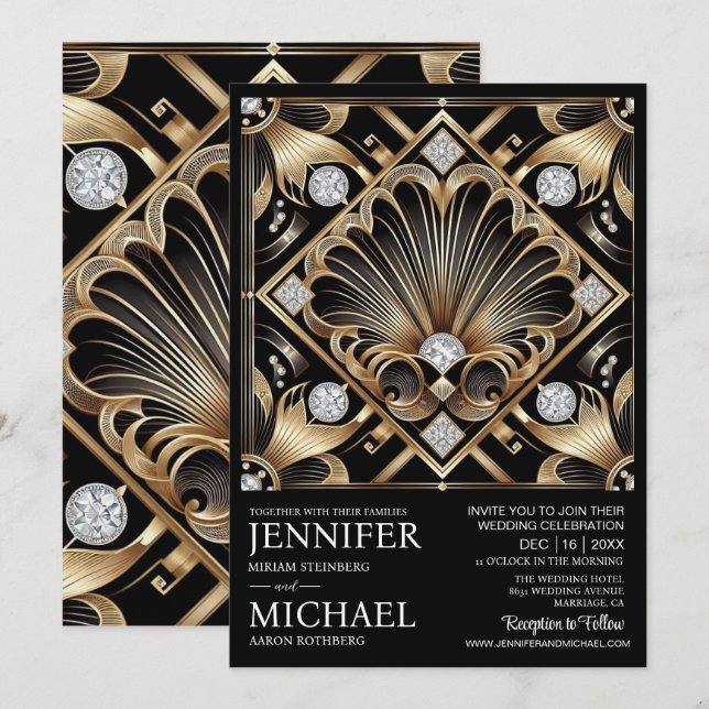 Art Deco Black & Gold Diamond Wedding Invitations  (Front/Back)