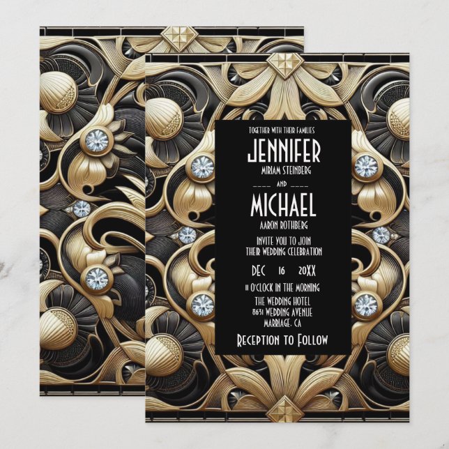 Art Deco Black & Gold Diamond Wedding Invitations (Front/Back)