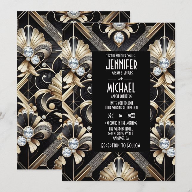 Art Deco Black & Gold Diamond Wedding Invitations (Front/Back)