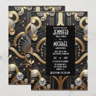 Art Deco Black & Gold Diamond Wedding Invitations