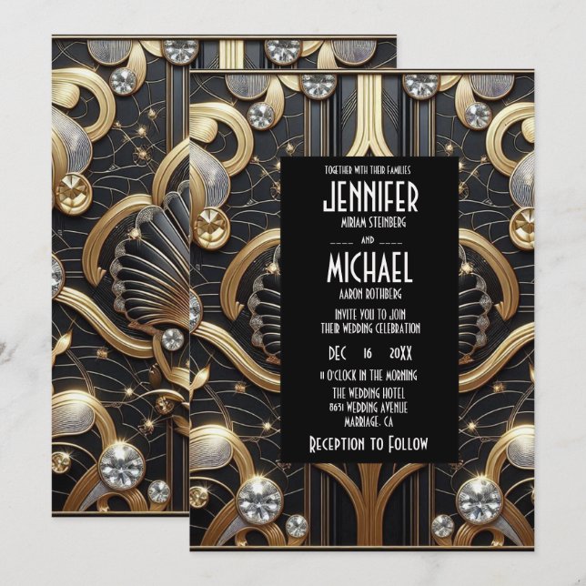 Art Deco Black & Gold Diamond Wedding Invitations (Front/Back)