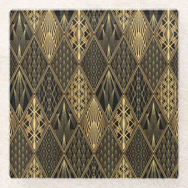 Art Deco Black Gold Elegance Glass Coaster (Front)