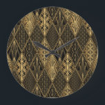 Art Deco Black Gold Elegance Large Clock<br><div class="desc">Art Deco Pattern. Seamless black and gold background. Metallic shells or scales lace ornament in rhombuses. Minimalistic geometric design. Vintage lines. 1920-30s motifs. Luxury vintage patchwork. Art Deco Pattern - black and gold elegance. Embrace the luxurious vintage vibes. Step into the opulence of art deco black and gold. deco, background,...</div>