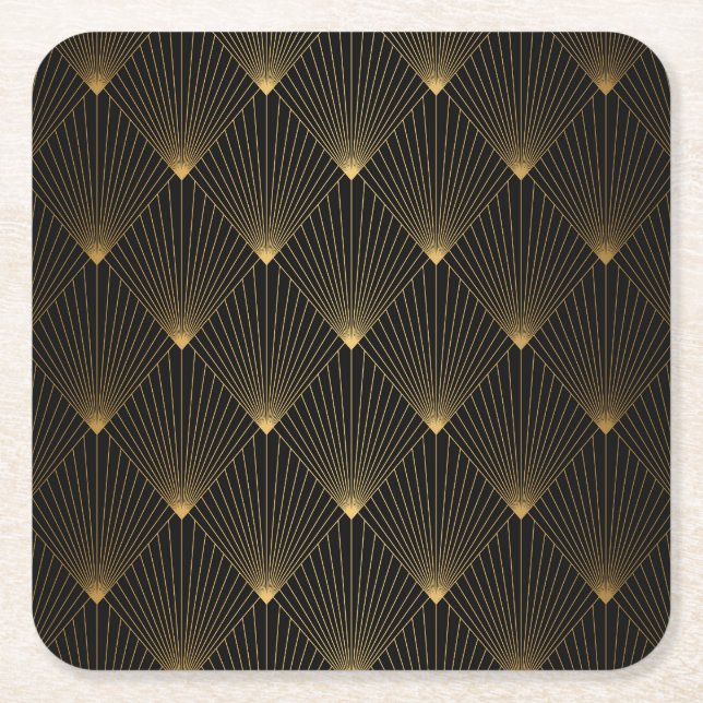 Art Deco: Black Gold Elegance. Square Paper Coaster (Front)
