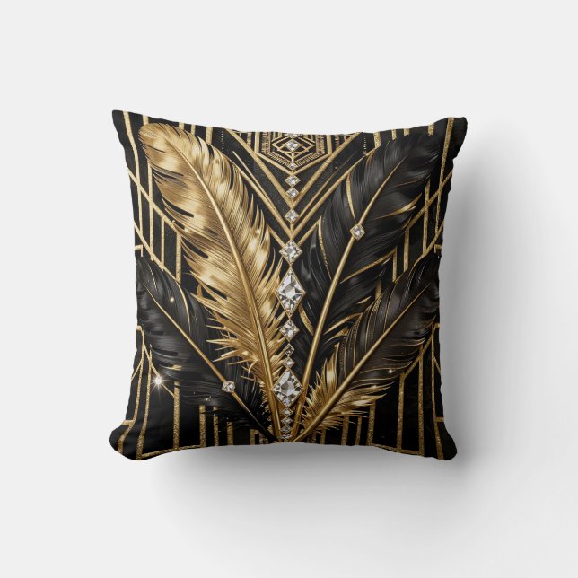 Art Deco Black Gold Feathers Cushion (Front)