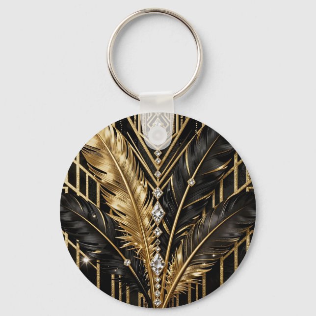Art Deco Black Gold Feathers Key Ring (Front)