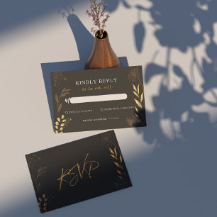 Art Deco Black Gold Floral Elegant Wedding RSVP Card