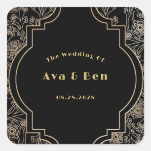 Art Deco Black Gold Flowers Wedding Square Sticker