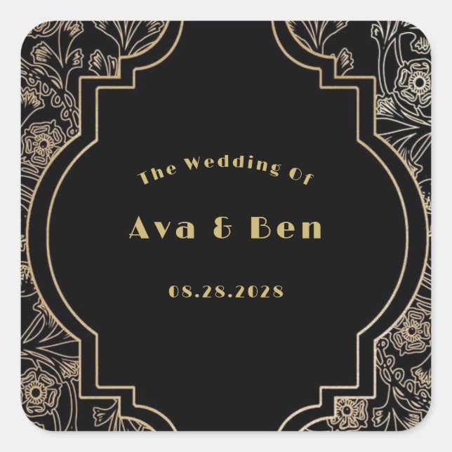 Art Deco Black Gold Flowers Wedding Square Sticker (Front)
