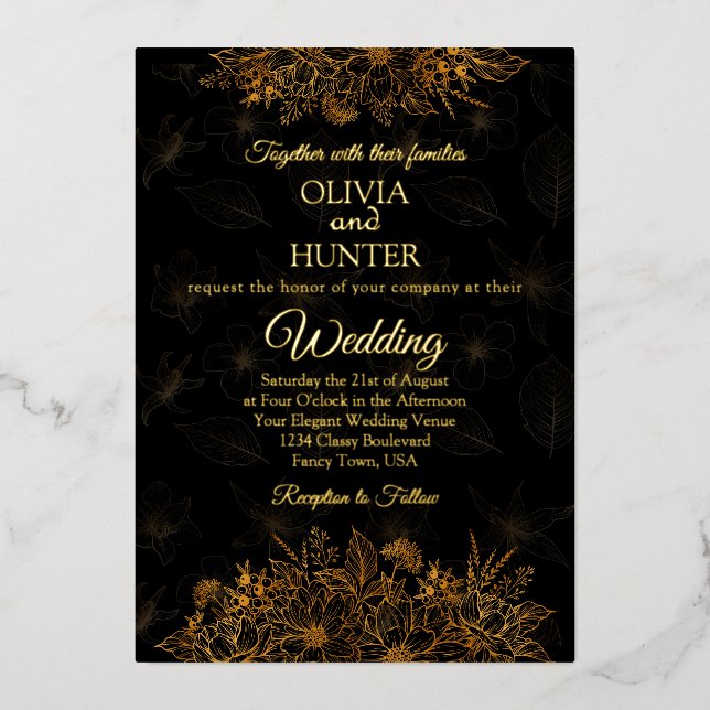Art Deco Black Gold Foil Script Classic Wedding  (Front)