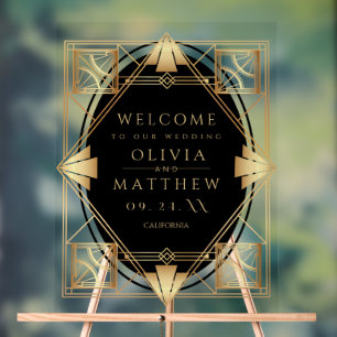 Art Deco Black Gold Geometric Wedding  Acrylic Sign
