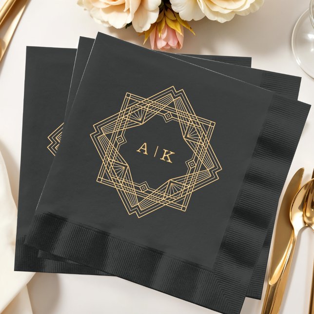 Art Deco Black Gold Monogrammed  Foil Napkins (Creator Uploaded)