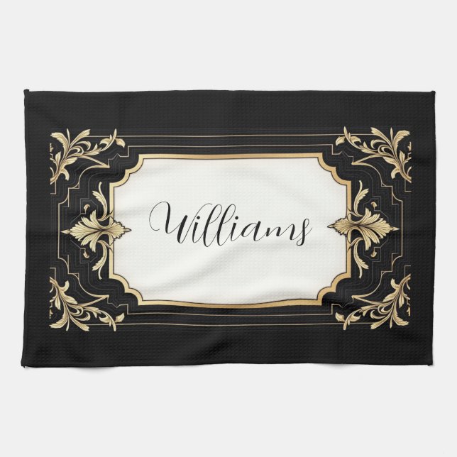 Art Deco Black & Gold Ornate Frame  Tea Towel (Horizontal)