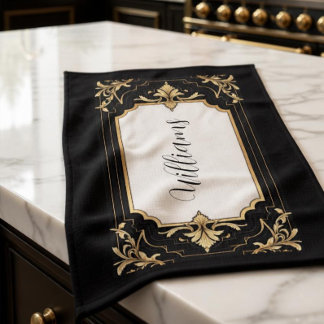 Art Deco Black & Gold Ornate Frame Tea Towel