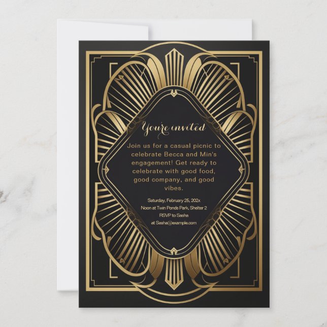 Art-deco black & gold party invitation (Front)