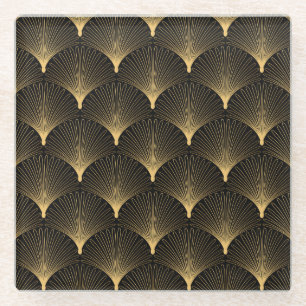 Art Deco: black gold pattern. Glass Coaster