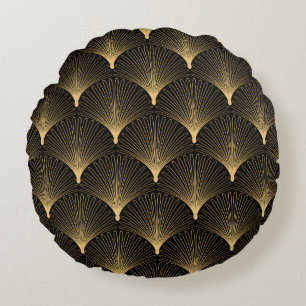 Art Deco: black gold pattern. Round Cushion