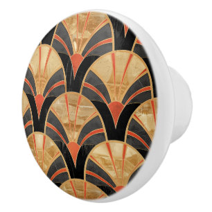 Art Deco Black Gold Red Fan Pattern Design Ceramic Knob