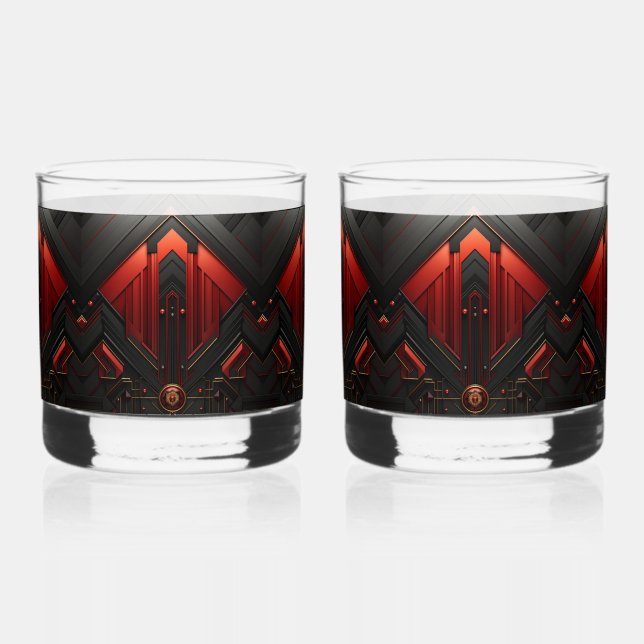 Art Deco Black Gold Red Geometric Pattern Whiskey Glass (Front)