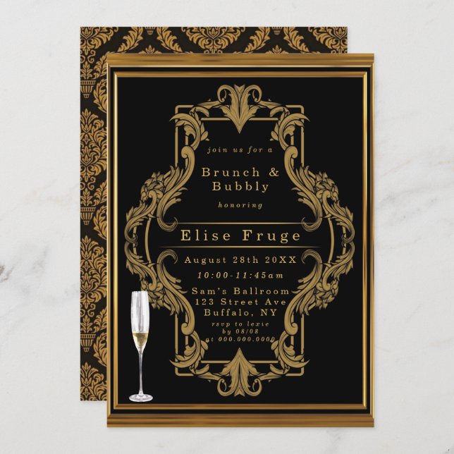 Art Deco Black Gold Royal Brunch & Bubbly Invitation (Front/Back)
