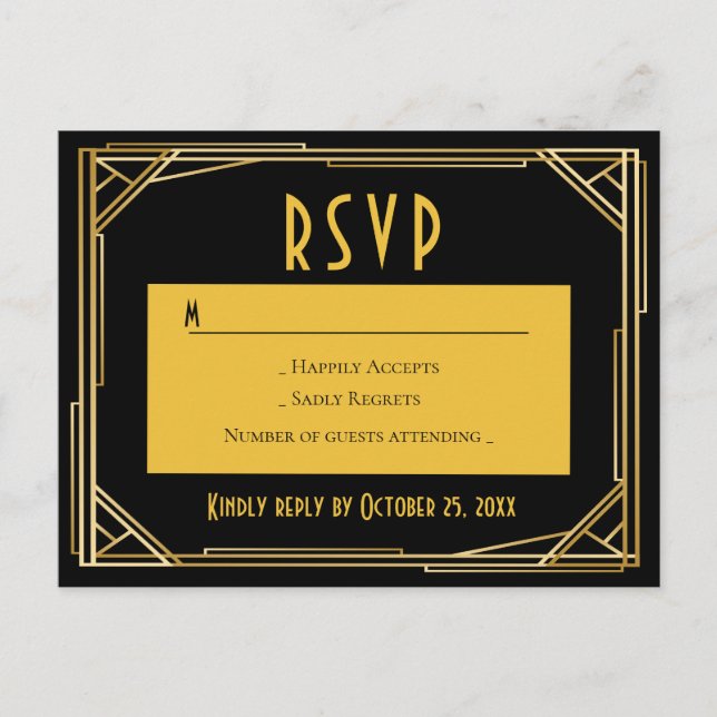 Art Deco Black Gold RSVP Great Gatsby Wedding Invitation Postcard (Front)