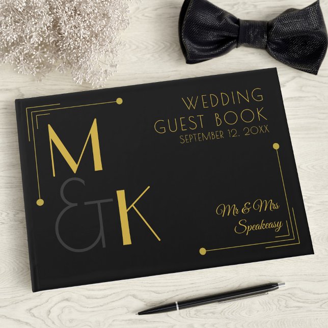 Art Deco Black Gold Speakeasy Wedding Guest Book (A art deco inspired guest book perfect for your 1920s themed wedding. Just add your names & date)
