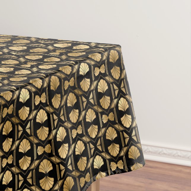 art deco black gold tiled pattern tablecloth (In Situ)